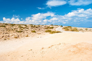One yellow car on a winding asphalt road