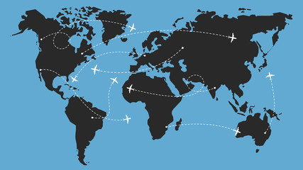 World map with airline routes, silhouette of world map with icons of airplanes, international flights, dotted line air path. Vector illustration