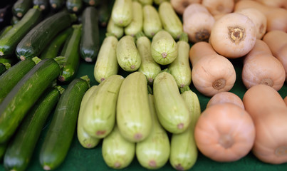 Fresh vegetables - zucchini, squash and pumpkin on farmer agricultural market