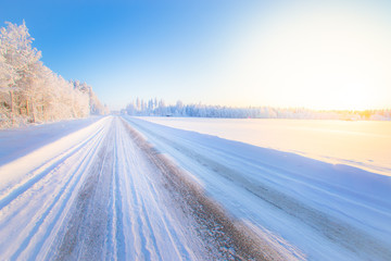 Fototapeta na wymiar Winter road view from Sotkamo, Finland.