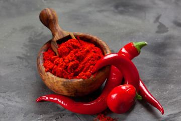 Chili powder in wooden bowl on dark background