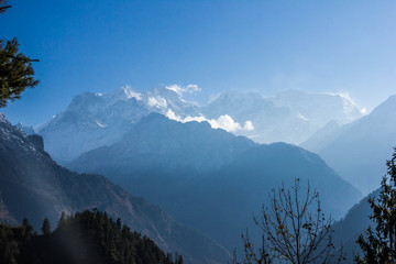 View of Manaslu Eight-Thousands from the track around Annapurna in Nepal.