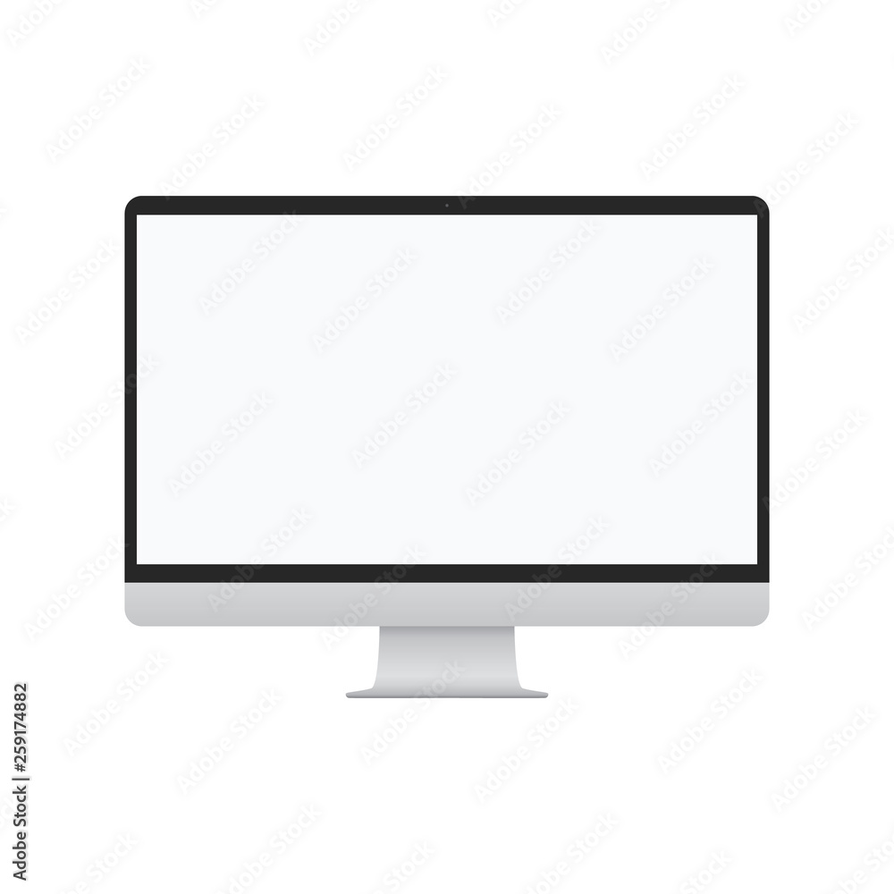 Poster desctop computer display front view. computer gray screen, icon. desctop computer sign.