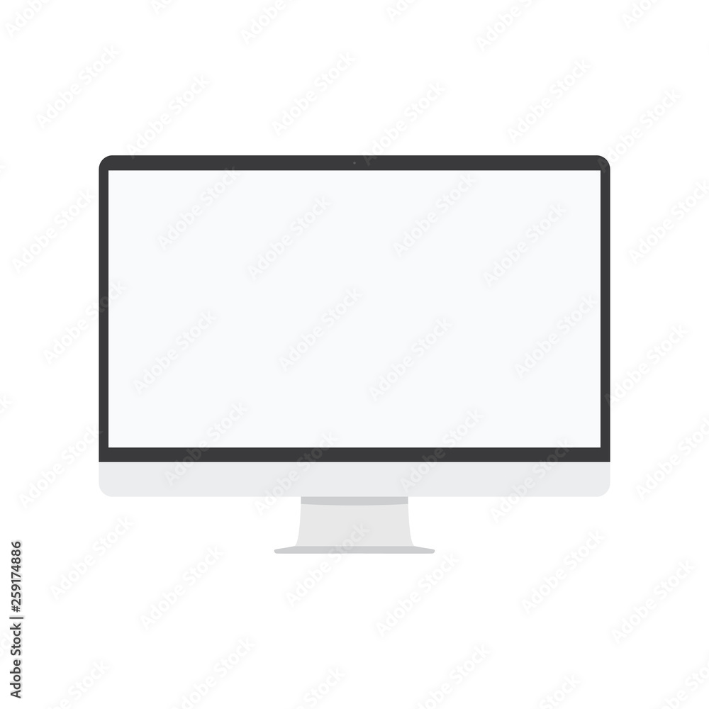 Poster grey pc desctop computer display with blank screen. desctop computer or pc, front view screen. pc or