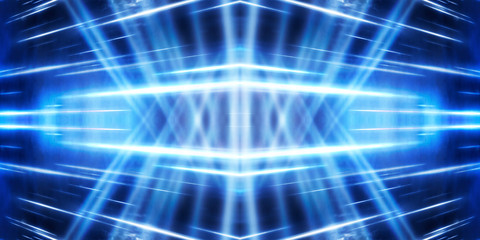Fototapeta premium Background of empty dark room with rays of light. Concrete floor with light reflection. Smoke, neon blue light