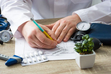 Doctor in hospital office prescribe prescription medication to patient who came to appointment. Control and monitoring of discharge of prescription drugs for pharmacotherapy pharmaceutical treatment - obrazy, fototapety, plakaty