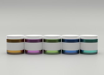 Set of colorful jars of paint, 3d render with copy space and blank labels