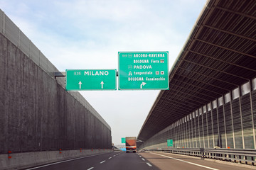 Traffic sign on italian motorway with names of city