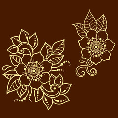 Set of Mehndi flower pattern for Henna drawing and tattoo. Decoration in ethnic oriental, Indian style.