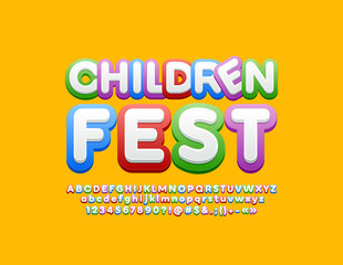 Vector Colorful Emblem Chidren Fest. Unique Kids Font. Set of bright Alphabet Letters, Numbers and Symbols.