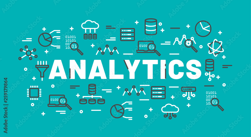 Aufkleber the words analytics surrounded by icons of database, cloud computing, server, network icons. vector 