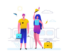 Traveling by train - colorful flat design style illustration