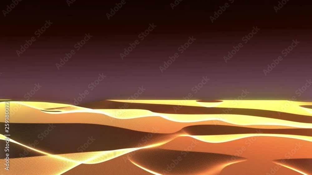 Leinwandbilder Digital gold landscape floating swirl ideal motion graphic. Abstract glow small dot pattern texture loopable moving animation background
