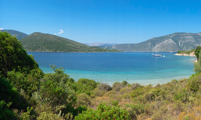 Beautiful seascape of the Ithaca island, Molos Gulf, Ionian Sea, Greece.