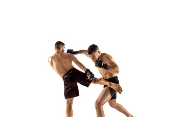 Two professional boxers boxing isolated on white studio background