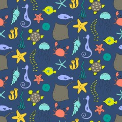 Seamless pattern with cartoon marine items. Vector illustration.