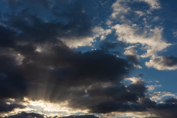 The view of the sky with different states of nature, at dawn and at dusk with dramatic red clouds, sunshine and beautiful sunsets and sunrises.