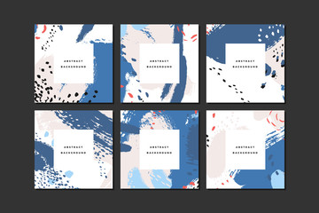 Set of colorful square hand drawn abstract backgrounds with artistic brush strokes and paint stains. Vector design for card, banner or social media post.
