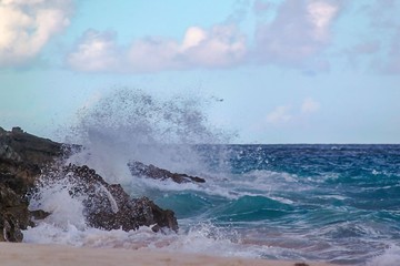 Bermuda. Turquoise water of Atlantic ocean and blue sky. Fantastic view on beach. Beautiful background.