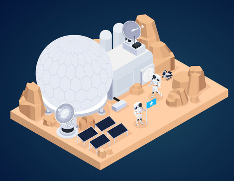 Planet Base Isometric Composition