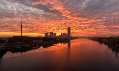 Danube Island in Vienna with the amazing skyline of Danube City at the Danube River