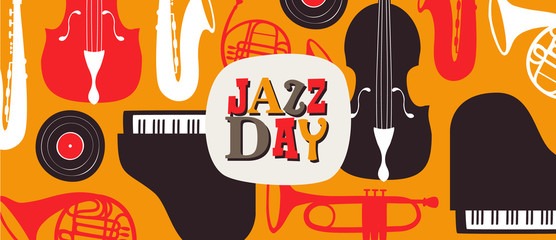 Jazz Day banner of retro music band instruments