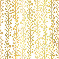 Gold foil nature background. Seamless vector pattern of abstract plants in metallic gold. Branches and leaves growing in vertical direction. Elegant contemporary foliage texture for web banner, invite