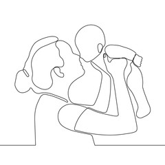 Mother holding little baby in her arms, continuous one line drawing. Happy family, parenthood. Black and white sketch vector illustration.