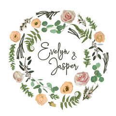Greenery selection vector design round invitation frame. Flowers, eustoma cream, brunia, green fern, eucalyptus, branches. Watercolor save the date card. Summer rustic style. Elements