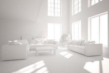 Fototapeta na wymiar Stylish minimalist room with sofa in white color. Scandinavian interior design. 3D illustration