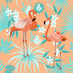 Vector seamless pattern with flamingo, tropical leaves and flowers.