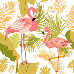 Obraz premium Vector seamless pattern with flamingo, tropical leaves and flowers.