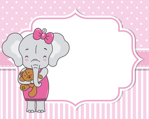 Baby girl shower card. Cute elephant with teddy. Space for text