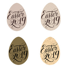 Easter egg set with script lettering. Easter holiday 2019. Calligraphic cursive. Bronze and brown colors. Design elements. Vector illustration.