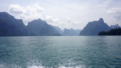 tropical landscape on chiao lan lake in khao sok