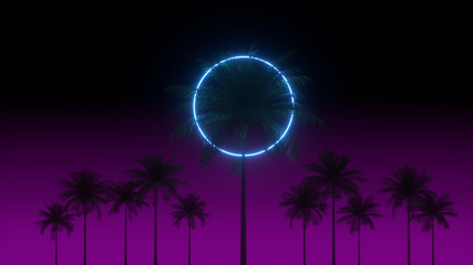 Naklejka premium 3D vaporwave render background with neon circle, palms and night violet sky. Synthwave 1980s rentowave illustration.