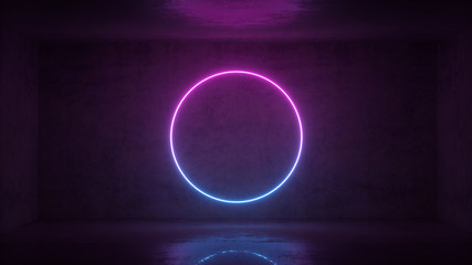 3d render of neon circle frame on background in the room. Banner design. Retrowave, synthwave, vaporwave illustration.