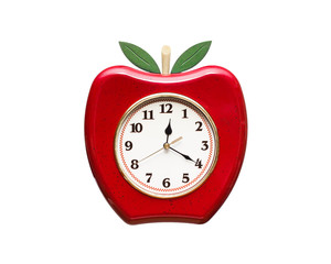 Cute red clock in shape of apple isolated on white