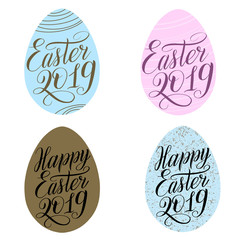 Easter egg set with script lettering. Happy Easter 2019. Sky blue, pastel pind and bronze colors. Calligraphic cursive. Design elements. Vector illustration.