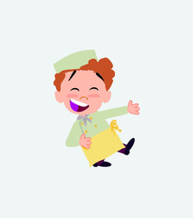 Chef laughing while teaching something to his left. 