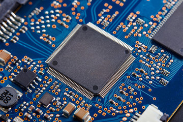 Close-up of electronic circuit board with processor of computer motherboard