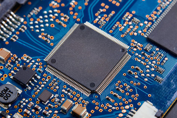 Close-up of electronic circuit board with processor of computer motherboard
