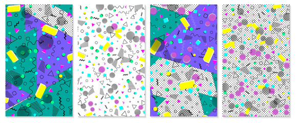 Set of memphis pattern. Pop art color background.