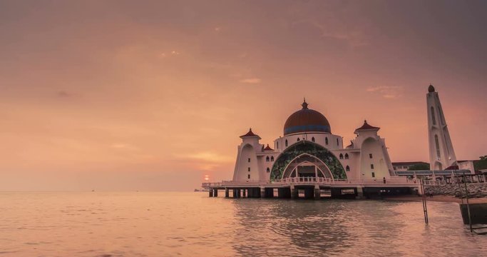 MALACCA, MALAYSIA - MARCH 25, 2019 - sunset at malacca floating mosque