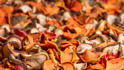 Rural still-life, background - dried fruits from apples and pears close-up, selective focus