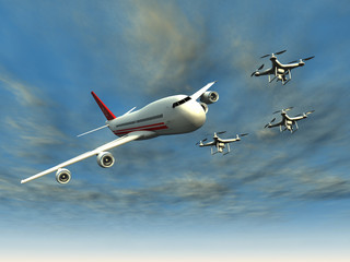 Some drones in front of an airliner