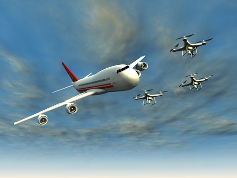 Some drones in front of an airliner