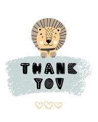 Thank you - Cute hand drawn nursery poster with cartoon character animal lion and lettering. In scandinavian style. - 259193469