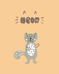 Meow - Cute hand drawn nursery poster with cartoon character animal cat and lettering. In scandinavian style. - 259193489