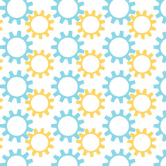Cogwheel vector pattern in blue and yellow an a white background